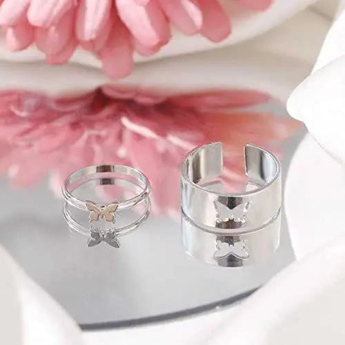 Pretty Silver Butterfly Matching Wrap Finger Couple Ring - DECORATION HUB