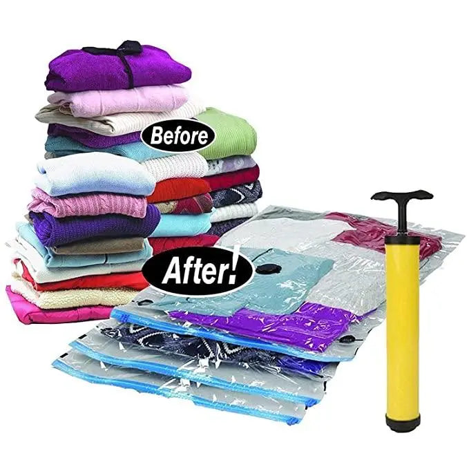 Smart Saver Reusable Vacuum Storage Bags Ziplock Space for Travel plastic clothes blanket cover bag transparent storage quilt blankets cloth with zip, Transparent packing underbed organizer vaccum saver compression - Pack of 4 (2Jumbo+2Large) with Pump 5921f9-c7