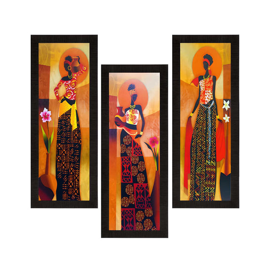 eCraftIndia Set Of 3 Tribal Village Ladies Satin Matt Texture UV Art Painting - DECORATION HUB