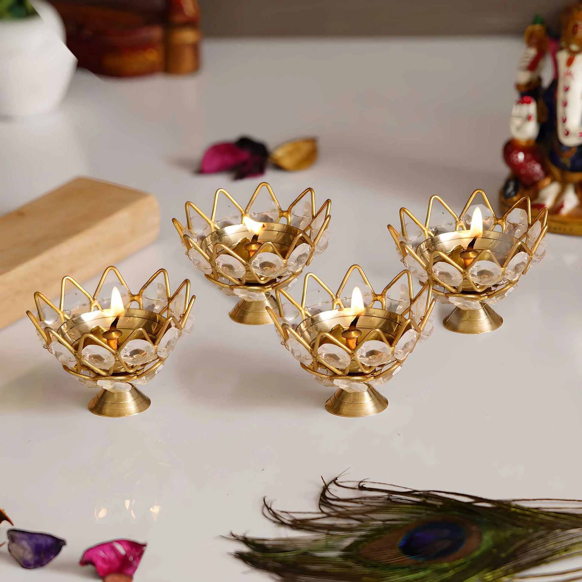 eCraftIndia Set of 4 Lotus Shape Crystal Tea Light Holder 5921f9-c7