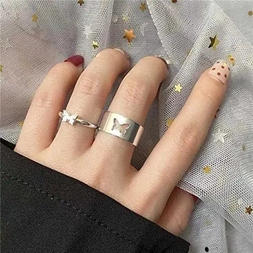 Pretty Silver Butterfly Matching Wrap Finger Couple Ring - DECORATION HUB