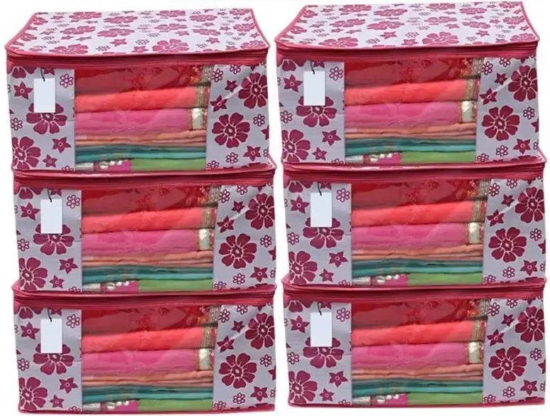 Polka Pink Flower Design Pack Of 6 Non Woven Fabric Saree Cover/ Clothes Small Travel Bag - DECORATION HUB