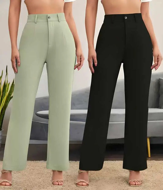 Elegant Pista & Black Lycra Solid Trousers Combo For Women 5921f9-c7