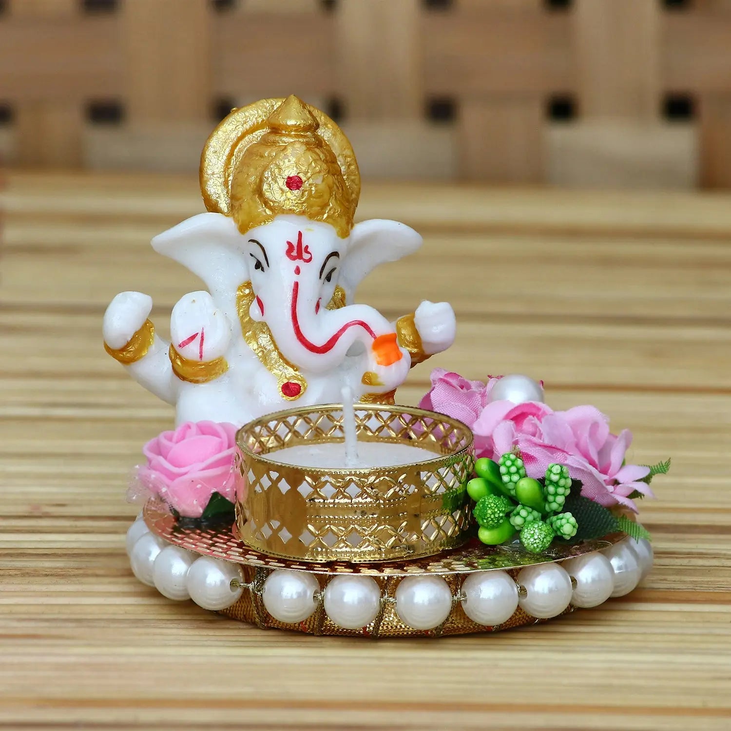 eCraftIndia Lord Ganesha Idol on Decorative Plate with Tea Light Holder - DECORATION HUB