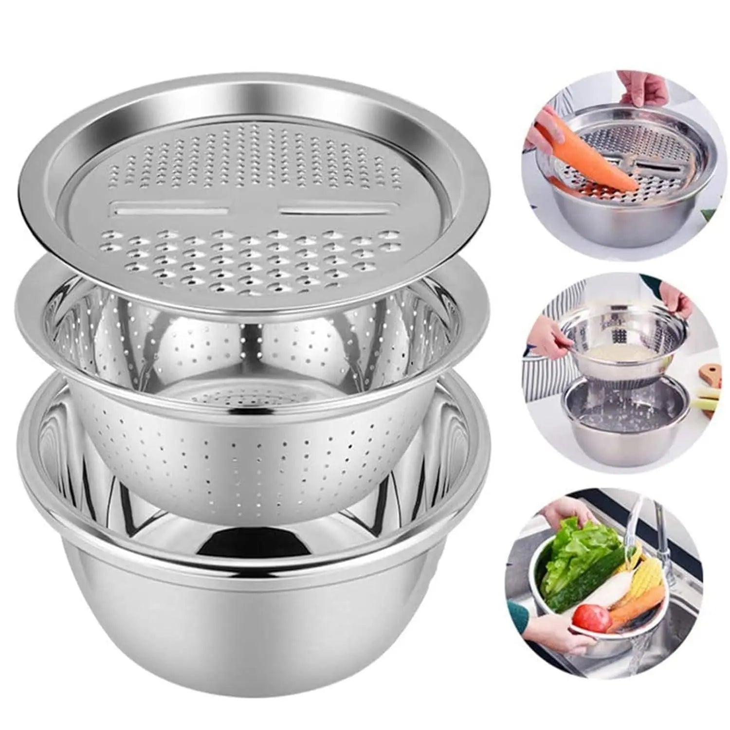 3 in 1 Multifunctional Grater Basin Stainless Steel Colanders Set 5921f9-c7