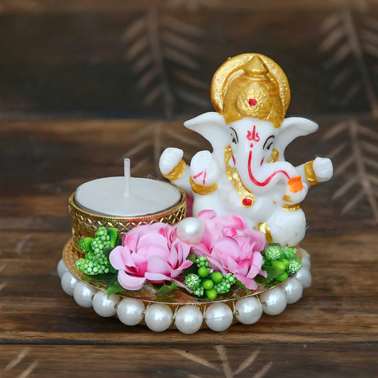 eCraftIndia Lord Ganesha Idol on Decorative Plate with Tea Light Holder - DECORATION HUB