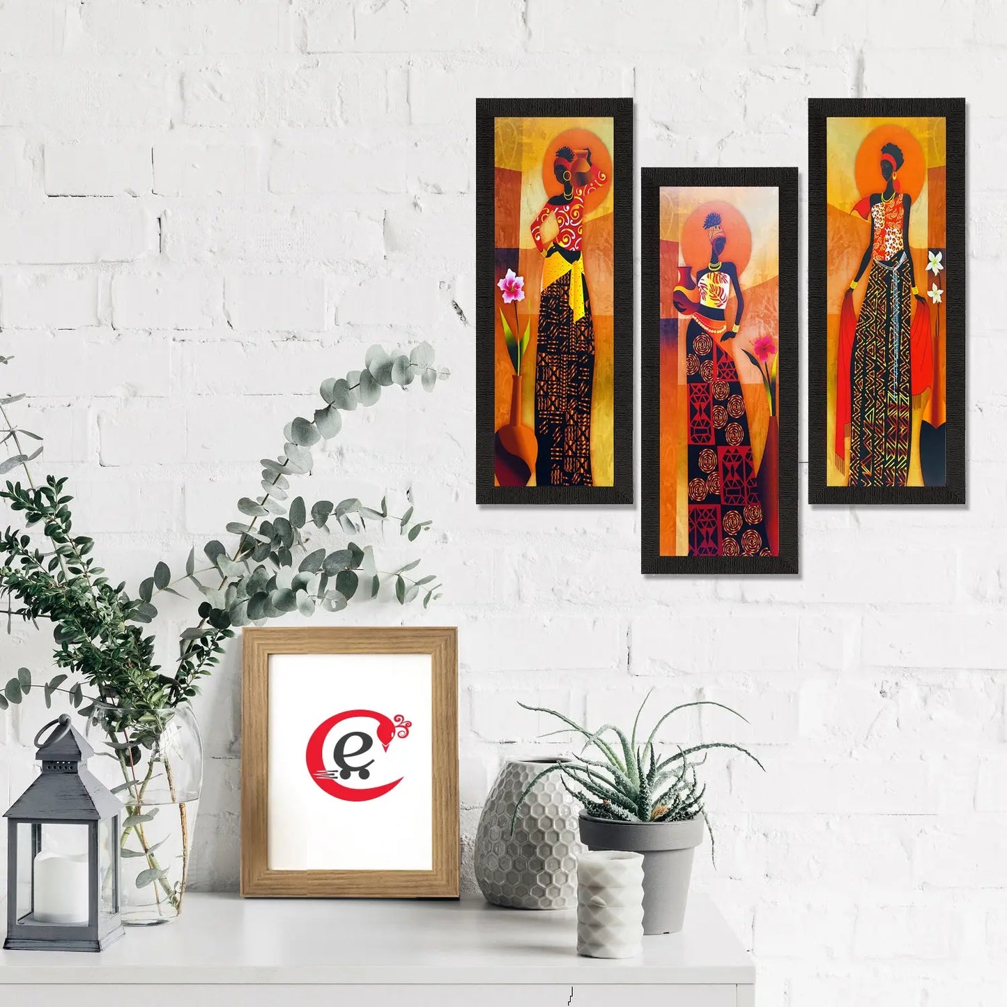 eCraftIndia Set Of 3 Tribal Village Ladies Satin Matt Texture UV Art Painting - DECORATION HUB