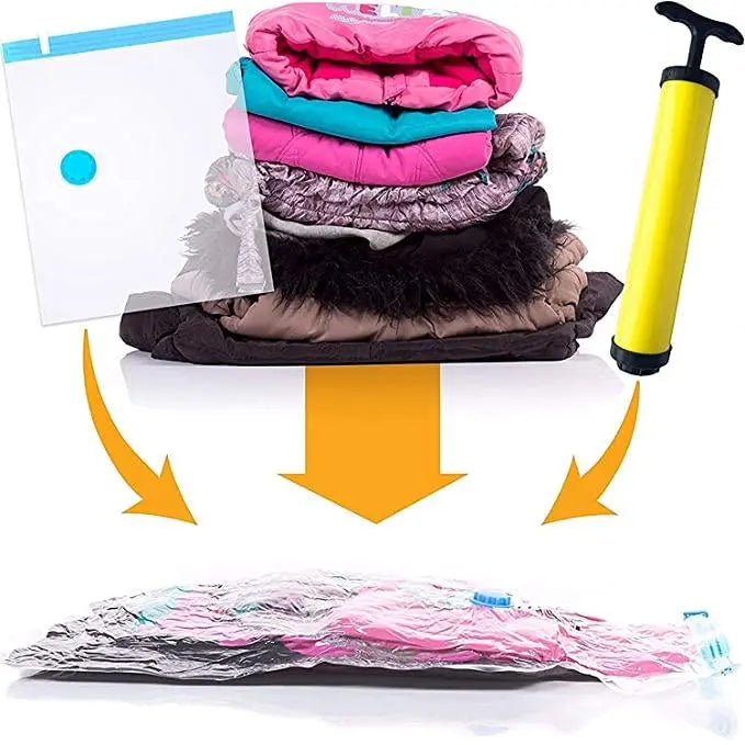 Smart Saver Reusable Vacuum Storage Bags Ziplock Space for Travel plastic clothes blanket cover bag transparent storage quilt blankets cloth with zip, Transparent packing underbed organizer vaccum saver compression - Pack of 4 (2Jumbo+2Large) with Pump 5921f9-c7