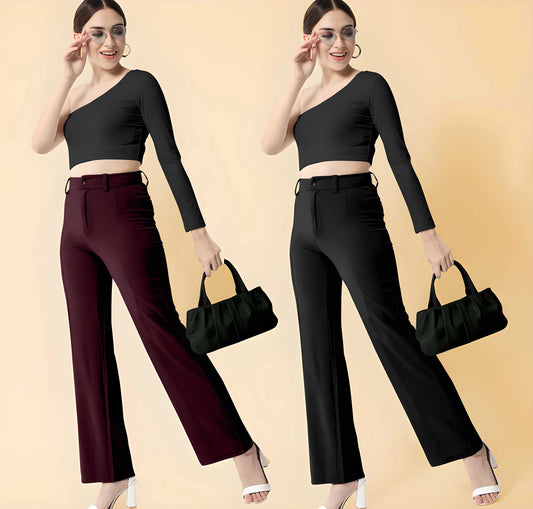 Elegant Wine & Black Lycra Solid Trousers Combo For Women 5921f9-c7